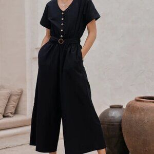 Bali Lane Bali Ln Baliln Evora 100% Linen Black Wide Leg Jumpsuit sz XXL No Belt